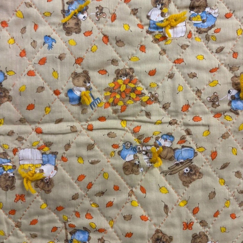 Handmade Autumn Teddy Bear Quilted Baby Blanket Orange Tan Fall Nursery 41x53